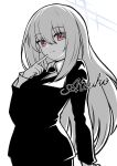 1girl alternate_costume atsuko_(blue_archive) black_suit blue_archive formal generic_33 greyscale halo highres long_hair looking_at_viewer monochrome simple_background solo suit white_background 