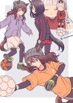  3girls animal_ears ball beanie black_hair black_jacket black_pantyhose black_shirt brown_hair captain_tsubasa chibi closed_eyes closed_mouth ears_through_headwear eishin_flash_(umamusume) gloves gold_ship_(umamusume) grey_hair grey_headwear hat highres horse_ears horse_girl horse_tail jacket jumping long_hair long_sleeves multiple_girls multiple_views nakayama_festa_(umamusume) orange_shirt pantyhose parody purple_jacket red_shorts riccovich shirt shirt_under_shirt shoes short_hair short_sleeves shorts sneakers soccer_ball tail umamusume violet_eyes white_shorts 