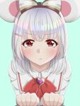  1girl :t animal_ears blush bow bowtie brooch closed_mouth from_above granblue_fantasy grey_hair hair_bow hands_up heart_brooch jewelry light_blue_background looking_at_viewer medium_hair momo3pengin mouse_ears pout pov red_bow red_bowtie red_eyes shirt solo tareme vikala_(granblue_fantasy) white_shirt 