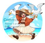  1girl beach belt bird blush bow brown_footwear brown_hair commission day green_eyes hat hat_bow hat_ribbon highres looking_at_viewer onosanlove open_mouth original outdoors pleated_skirt ribbon seagull short_hair skeb_commission skirt smile socks solo sun_hat watermark white_bow white_ribbon white_skirt white_socks 