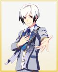  1boy black_hair blue_necktie buttons card_(medium) fingernails formal idolmaster idolmaster_side-m idolmaster_side-m_growing_stars kitamura_sora long_sleeves looking_at_viewer multicolored_hair necktie official_art orange_eyes smile solo white_hair 