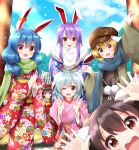  6+girls absurdres alternate_costume animal_ears arm_up ascot back_bow belt blonde_hair blue_bow blue_hair blue_kimono blue_sky blush bow breasts brown_belt brown_eyes brown_hair brown_headwear brown_kimono brown_scarf clouds cloudy_sky day detached_sleeves double_v floral_print frills fur_trim green_jacket green_scarf hair_between_eyes hair_ornament hair_tubes hakurei_reimu hakurei_shrine hand_up hands_up hat highres inaba_tewi jacket japanese_clothes kimono light_blue_hair long_hair long_sleeves looking_at_viewer medium_breasts medium_hair multiple_girls on_ground one_eye_closed open_clothes open_jacket open_mouth outdoors own_hands_together pink_scarf pom_pom_(clothes) purple_hair rabbit_ears rabbit_girl red_bow red_eyes red_kimono red_shirt red_skirt reisen_(touhou_bougetsushou) reisen_udongein_inaba ringo_(touhou) ruu_(tksymkw) scarf seiran_(touhou) shirt short_hair shrine sidelocks sitting skirt skirt_set sky smile snow standing teeth tongue torii touhou tree twintails v white_belt white_bow wide_sleeves yellow_ascot yellow_belt 