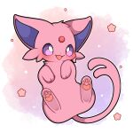  absurdres animal_focus blush commentary english_commentary espeon forked_tail highres no_humans open_mouth pink_fur pokemon pokemon_(creature) sevi_(seviyummy) smile solo tail violet_eyes 