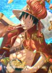  1boy against_railing beer_keg black_eyes black_hair coat coat_on_shoulders coin crown eating epaulettes food gold_coin grin happy_birthday hat highres holding male_focus meat monkey_d._luffy ocean one_piece railing scar scar_on_chest scar_on_face smile solo stacked_hats strap straw_hat suzu_(suzuran_piece) topless_male 