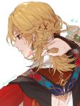  1boy blonde_hair cape earrings facing_away genshin_impact hair_ornament hairpin highres jewelry kaveh_(genshin_impact) long_sleeves looking_to_the_side male_focus medium_hair mehrak_(genshin_impact) omuomu_06 parted_lips red_cape red_eyes shirt solo teeth white_background white_shirt 