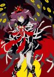  1girl apocalypse_bird bbunny black_coat black_dress black_footwear black_wings boots closed_mouth coat dress e.g.o_(project_moon) extra_eyes feathered_wings fur-trimmed_boots fur-trimmed_coat fur_trim highres lobotomy_corporation long_hair long_sleeves looking_at_viewer project_moon purple_hair red_background ribbon ringed_eyes sleeves_past_fingers sleeves_past_wrists solo twintails white_ribbon wings 