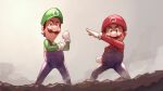  2boys absurdres blue_overalls brothers facial_hair feet_out_of_frame gloves green_headwear green_shirt henshin_pose highres kamen_rider kamen_rider_(1st_series) looking_at_viewer luigi mario multiple_boys mustache outdoors overalls red_headwear red_shirt shiburingaru shirt siblings super_mario_bros. white_gloves 