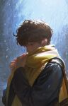  1boy bishounen blue_background blue_coat brown_bag brown_eyes brown_hair carrying_bag character_request coat copyright_request facing_to_the_side jnkku light looking_down male_focus scarf snow solo yellow_scarf 