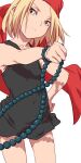  1girl aoi_nori_(aoicoblue) beads black_dress blonde_hair closed_mouth covered_navel cowboy_shot dress hand_on_own_hip holding kyouyama_anna long_hair looking_at_viewer prayer_beads shaman_king short_hair simple_background solo white_background yellow_eyes 