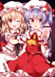  2girls blonde_hair blush cosplay costume_switch eyes_visible_through_hair flandre_scarlet flandre_scarlet_(cosplay) frills hair_between_eyes hat highres looking_at_viewer mob_cap multiple_girls one-hour_drawing_challenge one_eye_closed one_side_up open_mouth red_eyes remilia_scarlet remilia_scarlet_(cosplay) ruu_(tksymkw) short_hair smile standing teeth tongue touhou wrist_cuffs 