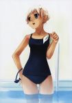  artist_request bun character_request goggles green_eyes hairpin hand_on_hip open_mouth school_swimsuit short_hair smile swimsuit tan water white_hair 