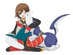  asymmetrical_clothes bad_id book brown_hair choker dog gloves goggles green_eyes mismatched_footwear repede rita_mordio short_hair tales_of_(series) tales_of_vesperia thighhighs white_background wince wink yasuu! 