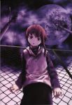  abe_yoshitoshi absurdres brown_eyes brown_hair chainlink_fence fence full_moon hair_ornament hairclip highres iwakura_lain moon night official_art scan serial_experiments_lain 