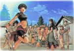  bike_shorts black_footwear black_hair black_shoes black_shorts blue_sky bolgan_(suikoden) breasts clouds crop_top earrings eilie highres jewelry layered_skirt leg_up long_hair medium_breasts midriff multiple_boys multiple_girls navel official_art open_mouth outdoors rina_(suikoden) shoes short_hair short_sleeves shorts siblings sisters skirt sky suikoden suikoden_ii tree upper_teeth 