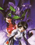  black_hair bodysuit brown_eyes earrings eva_01 highres ikari_shinji jewelry katsuragi_misato long_hair mecha neon_genesis_evangelion plugsuit sadamoto_yoshiyuki scan 