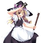  blonde_hair broom brown_eyes card fang hat highres holding holding_card kirisame_marisa long_hair spell_card tateha_(artist) touhou wink witch witch_hat 
