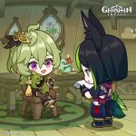  1boy 1girl absurdres animal_ear_fluff animal_ears black_footwear black_gloves black_hair blunt_ends chibi collei_(genshin_impact) commentary copyright_name crossed_bangs cuilein-anbar_(genshin_impact) dot_nose earrings english_commentary envelope flower genshin_impact gloves green_eyes green_hair hair_between_eyes hair_ornament highres holding indoors jewelry long_hair looking_at_another multicolored_hair official_art on_chair open_mouth pantyhose pink_eyes red_flower scroll short_sleeves sitting smile sparkle standing streaked_hair tighnari_(genshin_impact) windwheel_aster_(genshin_impact) 