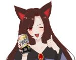  1girl ;d animal_ears brown_hair can collarbone commentary_request holding holding_can imaizumi_kagerou long_hair one_eye_closed red_eyes simple_background smile solo strong_zero thumbs_up touhou umeko_81 upper_body white_background wolf_ears wolf_girl 