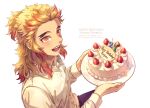 1boy artist_name birthday_cake blonde_hair cake character_age character_name english_text food forked_eyebrows fruit happy_birthday holding holding_cake holding_food holding_plate kimetsu_no_yaiba looking_at_viewer medium_hair multicolored_hair open_mouth plate rengoku_kyoujurou shirt smile strawberry teeth two-tone_hair unknown007 upper_body white_shirt yellow_eyes 