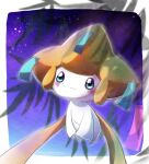  :3 blue_eyes blush border creature highres jirachi night no_humans pokemon pokemon_(creature) solo soumon star_(sky) tanabata tanzaku twitter_username white_border 