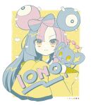  1girl :i border character_hair_ornament closed_mouth color_guide commentary_request eyelashes hair_ornament hands_up heart highres iono_(pokemon) jacket long_hair looking_at_viewer off_shoulder on_shoulder pink_eyes pink_hair pokemon pokemon_(creature) pokemon_(game) pokemon_on_shoulder pokemon_sv shinx tokkyo_chuuyu upper_body white_border yellow_background yellow_jacket 