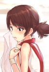  1022_deadly 1girl brown_eyes brown_hair from_side girls_und_panzer holding holding_towel kawanishi_shinobu red_shirt shirt short_hair short_ponytail sleeveless sleeveless_shirt solo sportswear towel upper_body volleyball_uniform 