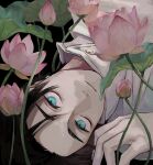  1boy bishounen black_background black_hair blue_eyes buttons closed_mouth flower highres jacket jujutsu_kaisen leaf llilililiilii lotus lying male_focus okkotsu_yuuta portrait short_hair solo white_jacket 