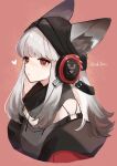  1girl andou_yuna animal_ears arknights artist_name beanie black_headwear closed_mouth commentary ears_through_headwear fox_ears frostleaf_(arknights) grey_hair grey_shirt hat headphones heart highres implied_extra_ears long_hair red_background red_eyes shirt signature simple_background solo upper_body 