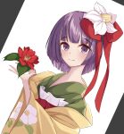  1girl aqpaca closed_mouth commentary_request floral_print flower hair_flower hair_ornament hieda_no_akyuu highres holding holding_flower long_sleeves looking_at_viewer purple_hair red_flower short_hair smile solo touhou upper_body violet_eyes white_background white_flower wide_sleeves 
