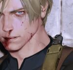  1boy blonde_hair blood blood_on_face blue_eyes close-up curtained_hair frown holster kenny_(poe90) leon_s._kennedy looking_at_viewer male_focus parted_lips portrait resident_evil resident_evil_4 resident_evil_4_(remake) shirt short_hair shoulder_holster simple_background solo t-shirt tight_clothes tight_shirt tile_wall tiles veins 