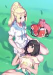  2girls bag black_eyes black_hair blonde_hair bracelet braid day floral_print grass green_eyes highres holding_hands jewelry lap_pillow leaf light_blush lillie_(pokemon) long_hair looking_at_another medium_hair mizuumi_(bb) multiple_girls outdoors pokemon pokemon_(game) pokemon_sm ponytail redrawn selene_(pokemon) shadow shirt short_shorts shorts shoulder_bag skirt smile t-shirt yuri 