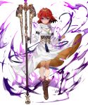  1girl ankle_boots aura boots dark_aura detached_sleeves dress fire_emblem fire_emblem:_mystery_of_the_emblem fire_emblem_heroes full_body hairband highres holding jewelry long_sleeves looking_at_viewer maria_(fire_emblem) mayo_(becky2006) necklace non-web_source official_art red_eyes redhead short_hair solo staff standing transparent_background white_dress 