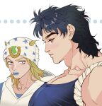  ... 2boys black_hair blonde_hair blue_eyes blue_lips bursting_pectorals from_side hat highres johnny_joestar jojo_no_kimyou_na_bouken jonathan_joestar large_pectorals looking_at_another looking_at_pectorals looking_down male_focus meme mullet multiple_boys muscle_envy muscular muscular_male name_connection pectoral_cleavage pectoral_envy_(meme) pectoral_focus pectorals phantom_blood spadelake staring steel_ball_run 