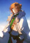  1boy belt_pouch blue_sky blurry character_request cloak clouds coat cowboy_shot day depth_of_field earrings ensemble_stars! fur_trim gem green_eyes green_robe hair_between_eyes half_updo highres hoop_earrings jewelry laoelaoee light_particles long_sleeves looking_at_viewer male_focus necklace orange_hair parted_lips pouch red_gemstone robe sash sky solo toggles white_cloak 