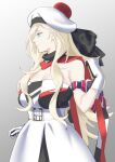  1girl bare_shoulders beret blonde_hair blue_eyes cowboy_shot dress gradient_background hair_between_eyes hat highres kantai_collection long_hair mole mole_under_eye mole_under_mouth pom_pom_(clothes) profile red_scarf richelieu_(kancolle) scarf shingyou_(alexander-13) solo strapless strapless_dress two-tone_dress two-tone_gloves white_dress white_headwear 