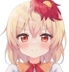  1girl ahoge animal_on_head bird bird_on_head blush chick closed_mouth commentary_request looking_at_viewer multicolored_hair niwatari_kutaka on_head portrait red_eyes redhead serichii short_hair simple_background smile touhou two-tone_hair white_background 