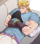  1boy :i battle_tendency biceps blonde_hair caesar_anthonio_zeppeli chest_protector couch crossed_arms facial_mark feather_hair_ornament feathers green_eyes hair_ornament headband highres jojo_no_kimyou_na_bouken lying male_focus mullet muscular muscular_male on_back on_couch pout shirt solo spadelake t-shirt 