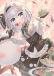  1girl absurdres alternate_costume black_hairband blue_eyes blush cake cake_slice cherry_blossoms commentary_request food fork ghost gothic_lolita hairband highres holding holding_fork holding_plate konpaku_youmu konpaku_youmu_(ghost) lolita_fashion looking_at_viewer myonta_(myon_myonta) open_mouth outdoors plate solo touhou 
