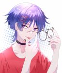  1boy black_choker black_nails blue_background choker earrings genshin_impact glasses hair_ornament hairpin heart heart_earrings highres holding holding_eyewear jewelry male_focus multicolored_background purple_hair red_eyeliner red_shirt rushiien scaramouche_(genshin_impact) shirt short_hair short_sleeves solo tongue tongue_out violet_eyes white_background 