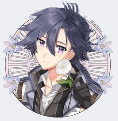  1boy absurdres ahoge black_hair eiyuu_densetsu flower flower_request gloves hair_between_eyes highres holding holding_flower jacket looking_at_viewer portrait rean_schwarzer sen_no_kiseki sen_no_kiseki_iii smile solo violet_eyes white_flower zer00han 