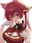  1girl animal_ears ascot blush breasts brown_eyes gloves hair_behind_ear hair_ribbon helga_(_hlg67) heterochromia highres hololive houshou_marine houshou_marine_(1st_costume) kemonomimi_mode looking_at_viewer medium_breasts portrait red_ascot red_eyes red_ribbon ribbon smile solo tongue tongue_out twintails virtual_youtuber white_background white_gloves 