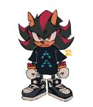  1boy 9474s0ul alternate_costume animal_ears animal_nose artist_name black_shirt clenched_hands closed_mouth full_body furry furry_male gloves looking_at_viewer male_focus notched_ear oversized_clothes oversized_shirt print_shirt red_eyes shadow_the_hedgehog shirt shoes short_sleeves simple_background sneakers solo sonic_(series) standing t-shirt white_background white_gloves 