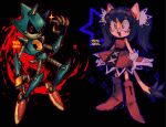  1boy 1girl 9474s0ul animal_ears animal_nose arm_up black_background black_hair blue_outline boots brown_eyes cat_ears cat_girl cat_tail commentary dress english_commentary full_body furry furry_female gloves hairband highres honey_the_cat long_hair metal_sonic open_mouth outline red_dress red_eyes red_footwear red_outline robot simple_background sleeveless sleeveless_dress smile sonic_(series) standing star_(symbol) tail twintails white_gloves 