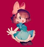  1girl black_pantyhose blue_dress blush bow brown_eyes brown_hair disney dot_nose dress eyelashes frilled_dress frills gloves humanization kiri_futoshi minnie_mouse one_eye_closed open_mouth pantyhose pink_bow puffy_short_sleeves puffy_sleeves red_background short_hair short_sleeves solo white_gloves 