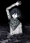  1boy :d absurdres arm_up black_background black_hair buttons checkered_clothes checkered_scarf closed_eyes danganronpa_(series) danganronpa_v3:_killing_harmony double-breasted facing_viewer grey_jacket hair_between_eyes highres jacket long_sleeves male_focus medium_hair oma_kokichi scarf short_hair smile solo teeth upper_teeth_only wa_noko wading water 