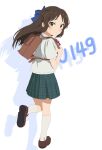  1girl backpack bag blue_bow blush bow brown_bag brown_eyes brown_footwear brown_hair commentary_request dot_nose green_skirt hair_bow hands_up highres holding_strap idolmaster idolmaster_cinderella_girls idolmaster_cinderella_girls_u149 light_smile long_hair looking_back neck_ribbon pleated_skirt red_ribbon ribbon school_uniform shadow shirt shoes short_sleeves sidelocks skirt socks solo standing standing_on_one_leg tachibana_arisu user_yxe2953 white_background white_shirt white_socks 