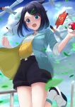  1girl a10_(avxv8374) absurdres black_shorts blurry clouds commentary_request day falling_leaves fence green_jacket highres holding holding_poke_ball jacket leaf leg_up liko_(pokemon) looking_down open_clothes open_jacket outdoors poke_ball pokemon pokemon_(anime) pokemon_(creature) pokemon_horizons rotom rotom_phone shirt shoes shorts sky sleeves_past_elbows socks white_footwear white_shirt white_socks wingull yellow_bag 