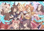  6+girls ^_^ admire_vega_(umamusume) animal_ears armor blonde_hair blue_capelet blue_ribbon blush_stickers bow bowtie breasts brown_hair can capelet carrot casual closed_eyes commentary_request cowboy_shot crown cuirass curren_chan_(umamusume) ear_bow ear_covers ear_ornament ear_piercing ear_ribbon flipped_hair food hair_intakes hair_over_one_eye hairband haru_urara_(umamusume) headband heart high_ponytail holding holding_food holding_hands hood hooded_jacket horse_ears horse_girl horse_tail jacket light_brown_hair long_hair long_sleeves meisho_doto_(umamusume) mini_crown multicolored_hair multiple_girls narita_top_road_(umamusume) necktie one_eye_closed open_mouth orange_hair pauldrons piercing pink_eyes pink_hairband pink_headband pink_jacket pleated_skirt purple_bow purple_bowtie red_bow red_skirt ribbon rice_shower_(umamusume) short_hair short_sleeves shoulder_armor skirt soda soda_can swept_bangs t.m._opera_o_(umamusume) tail tilted_headwear tsetainsu two-tone_bow two-tone_hair umamusume umamusume:_road_to_the_top v violet_eyes white_bow white_hair white_necktie 
