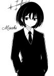  1girl alternate_costume bandaged_neck bandages blue_archive formal generic_33 greyscale highres looking_at_viewer misaki_(blue_archive) monochrome short_hair simple_background solo suit white_background 