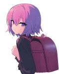 1girl backpack bad_link bag chorefuji commentary_request eyelashes hair_between_eyes hand_up highres looking_at_viewer looking_to_the_side medium_hair original parted_lips pink_hair randoseru red_bag simple_background snail solo violet_eyes wet white_background 